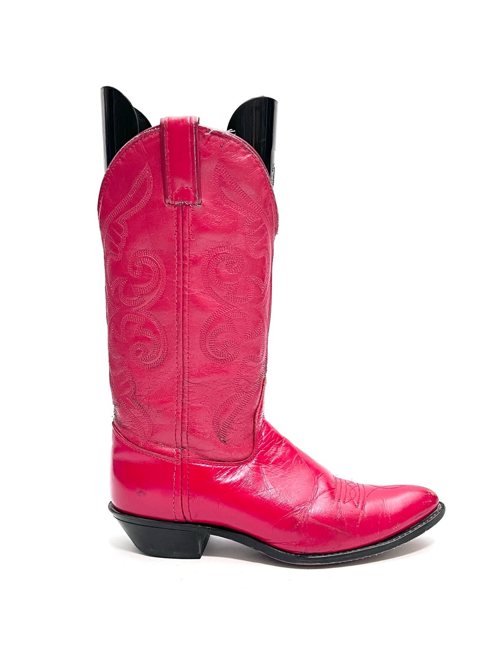 Vintage 1980s women's cherry red leather pull on mid calf western cowboy boots